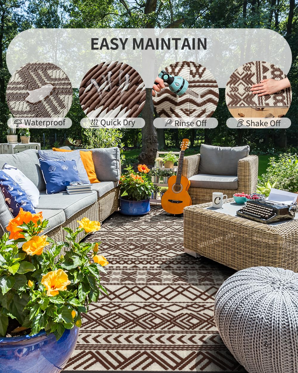 MontVoo outdoor rug reversible-design offers dual style for outdoor spaces.