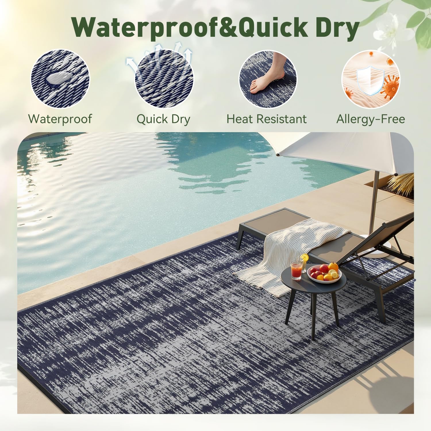 MontVoo Outdoor Rug reversible design shown, two stylish looks in one mat