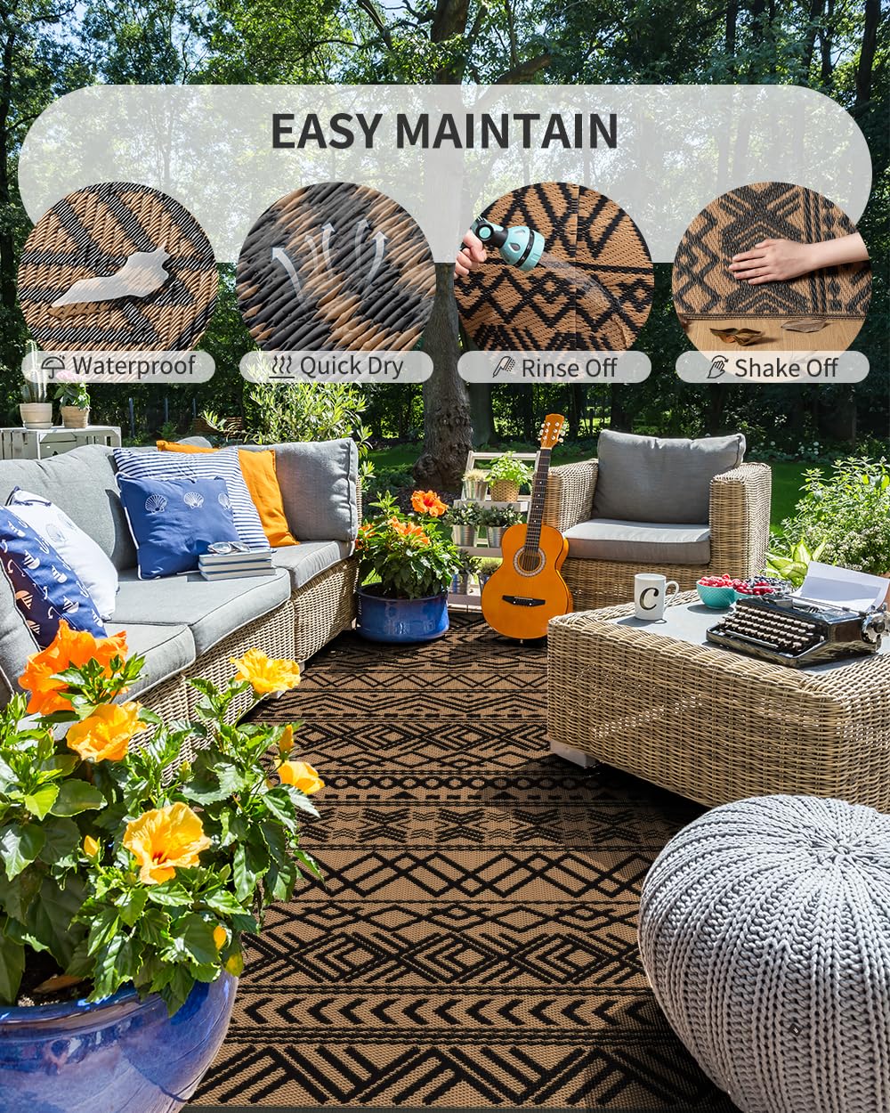 MontVoo outdoor rug reveals reversible design for flexible color options.