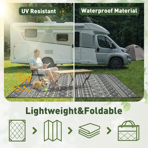 MontVoo rug shown with RV camping setup and outdoor gear.