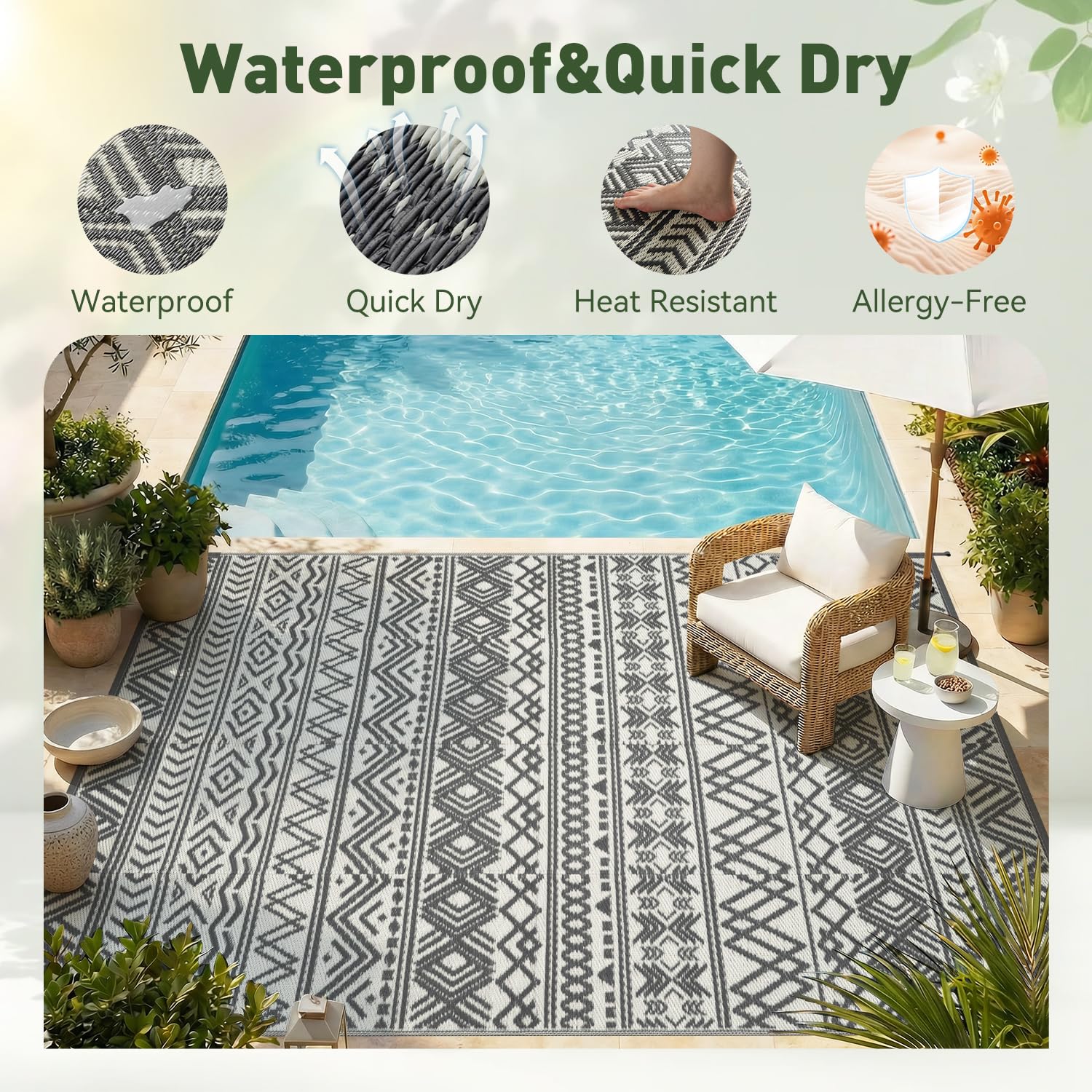 MontVoo stain-resistant rug dries quickly after rain or spills.