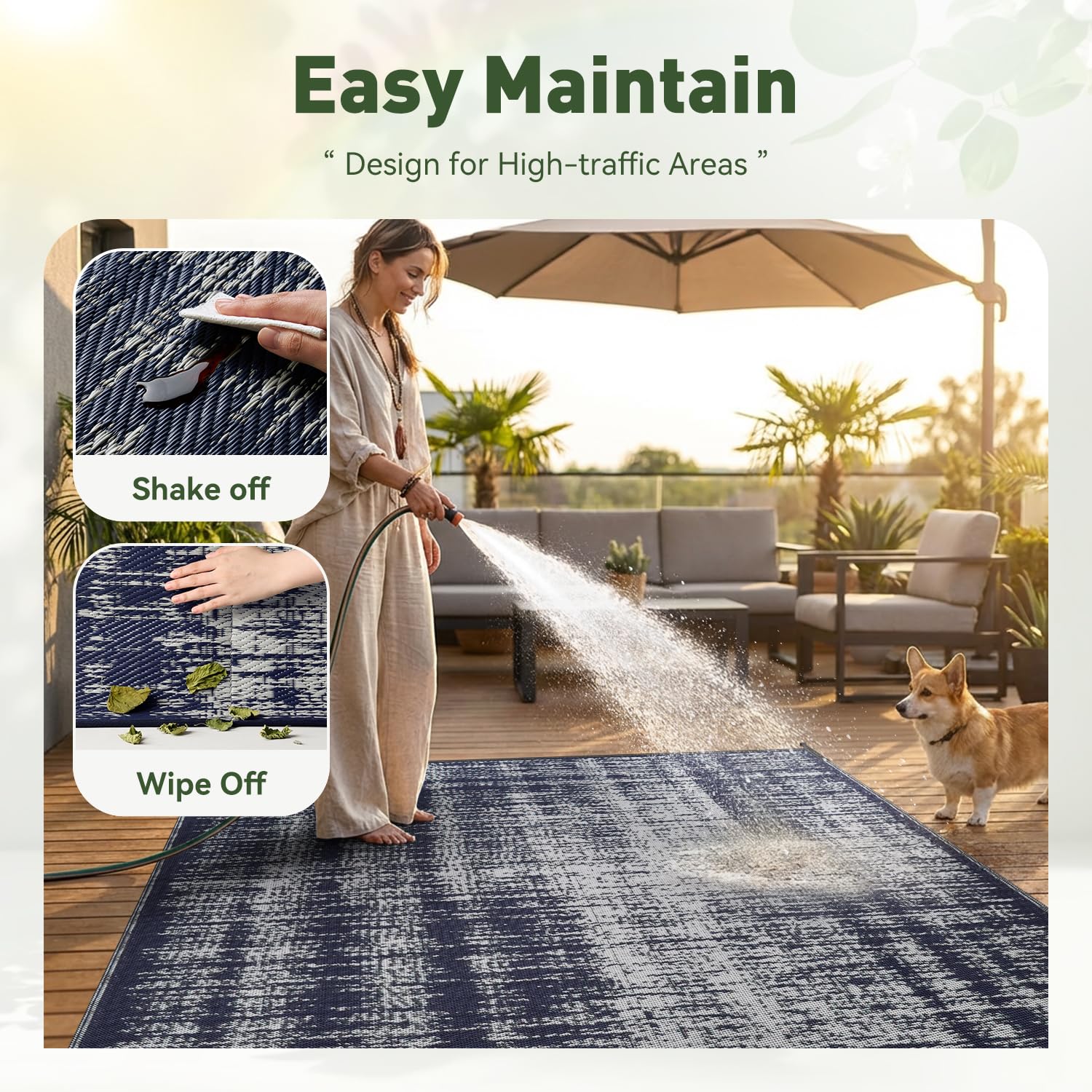 MontVoo Outdoor Rug with carrying bag and stakes, ready for travel