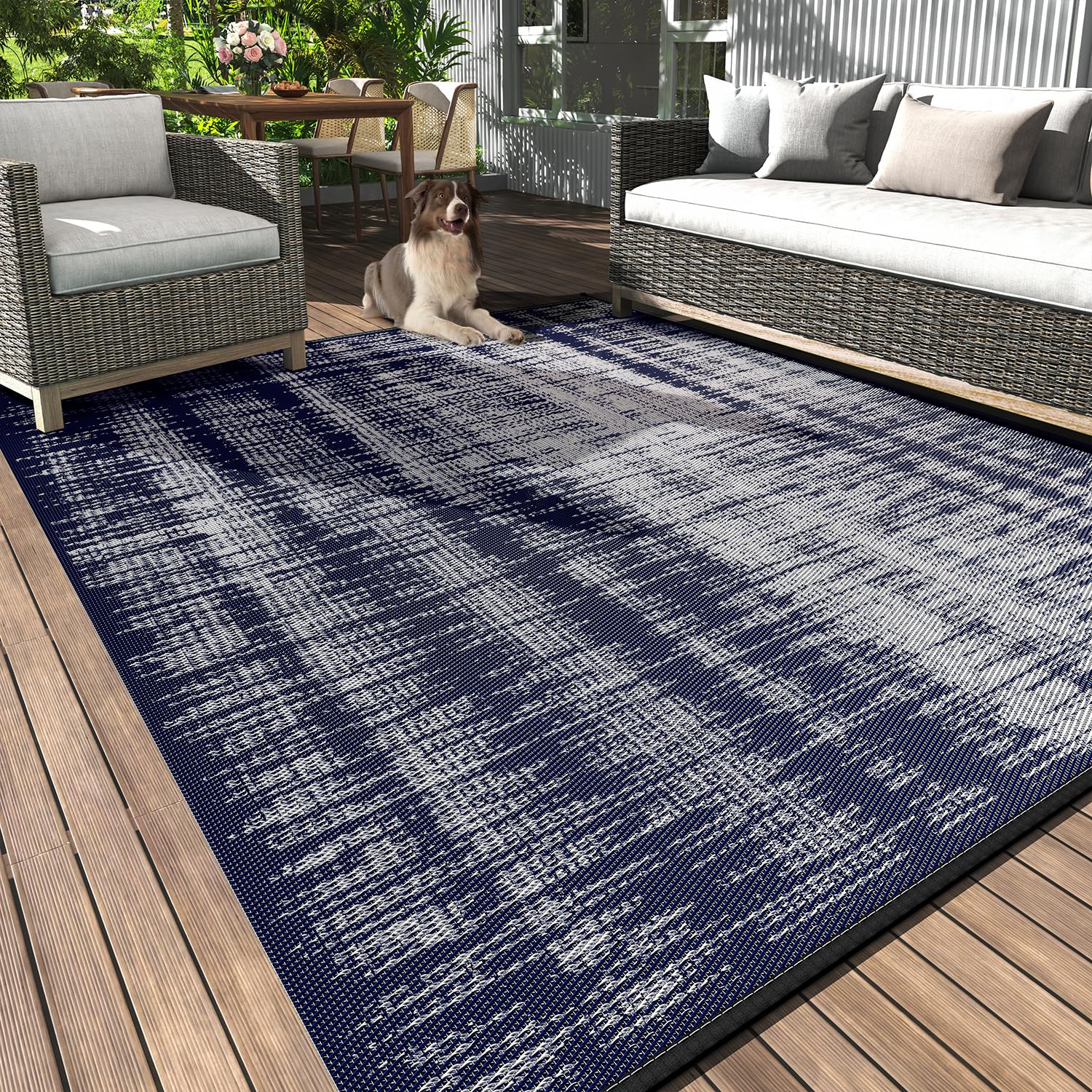 MontVoo Outdoor Rug 6x9 laid on patio, quick-drying and ready for everyday use