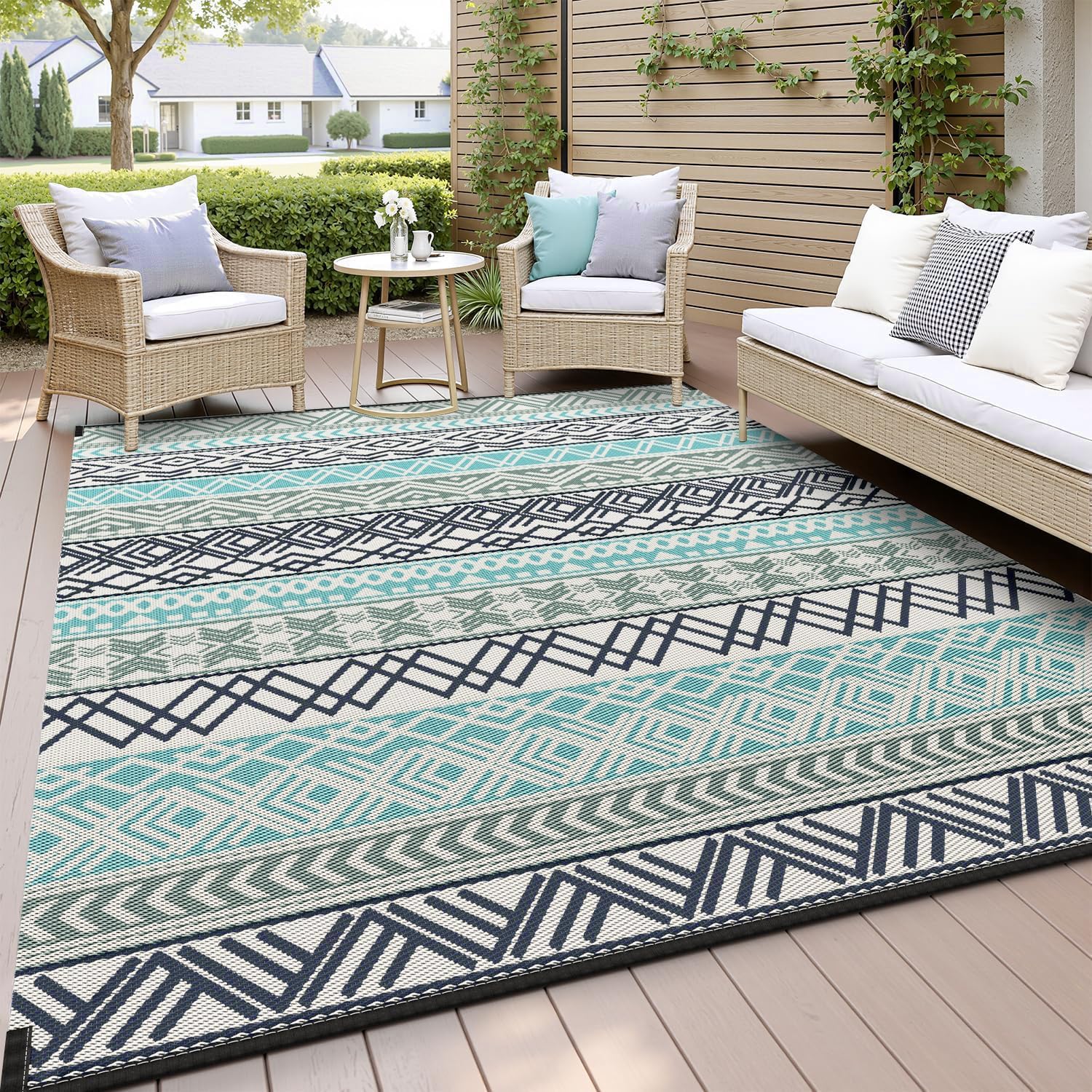 MontVoo outdoor rug 8x10 waterproof for patio and deck use.