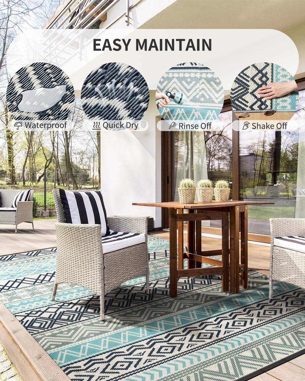 MontVoo rv-outdoor-rug-patio-use emphasizes portable comfort on travel setups.