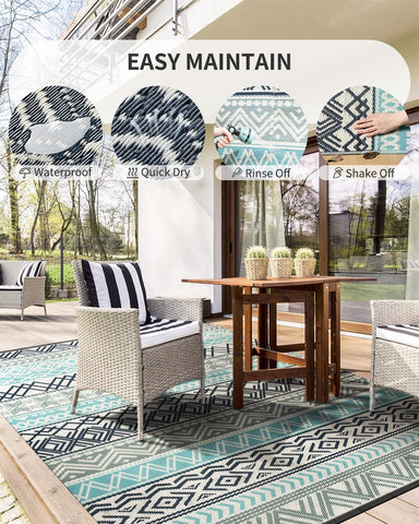 MontVoo rv-outdoor-rug-patio-use emphasizes portable comfort on travel setups.