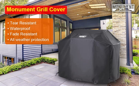 Monument Grills dust-proof and wind-resistant cover shown outdoors