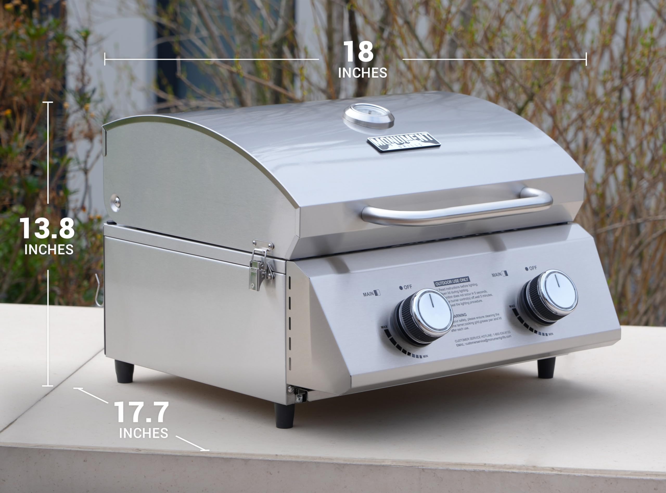 Monument Grills compact 18x18x13 footprint fits tight camping spaces.