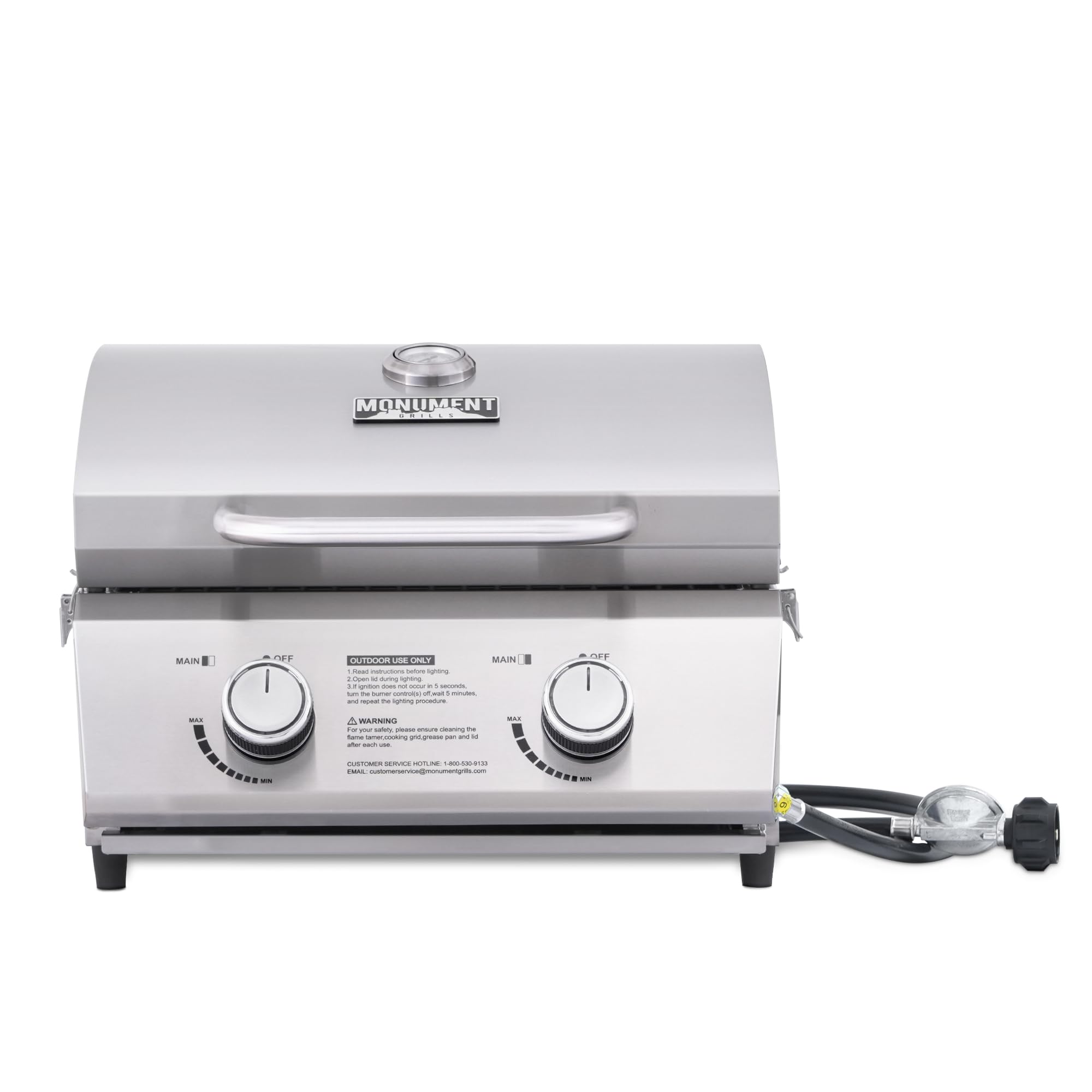 Monument Grills tabletop grill with travel locks for secure transport.