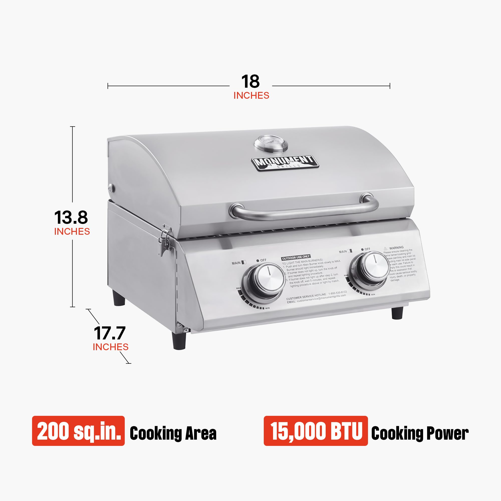 Monument Grills two burners delivering 15000 BTU for fast heating.