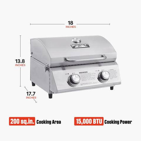 Monument Grills two burners delivering 15000 BTU for fast heating.
