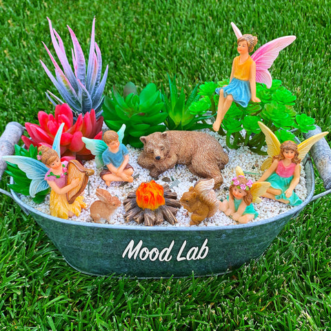 Mood Lab Fairy Garden miniatures arranged on a windowsill for indoor charm