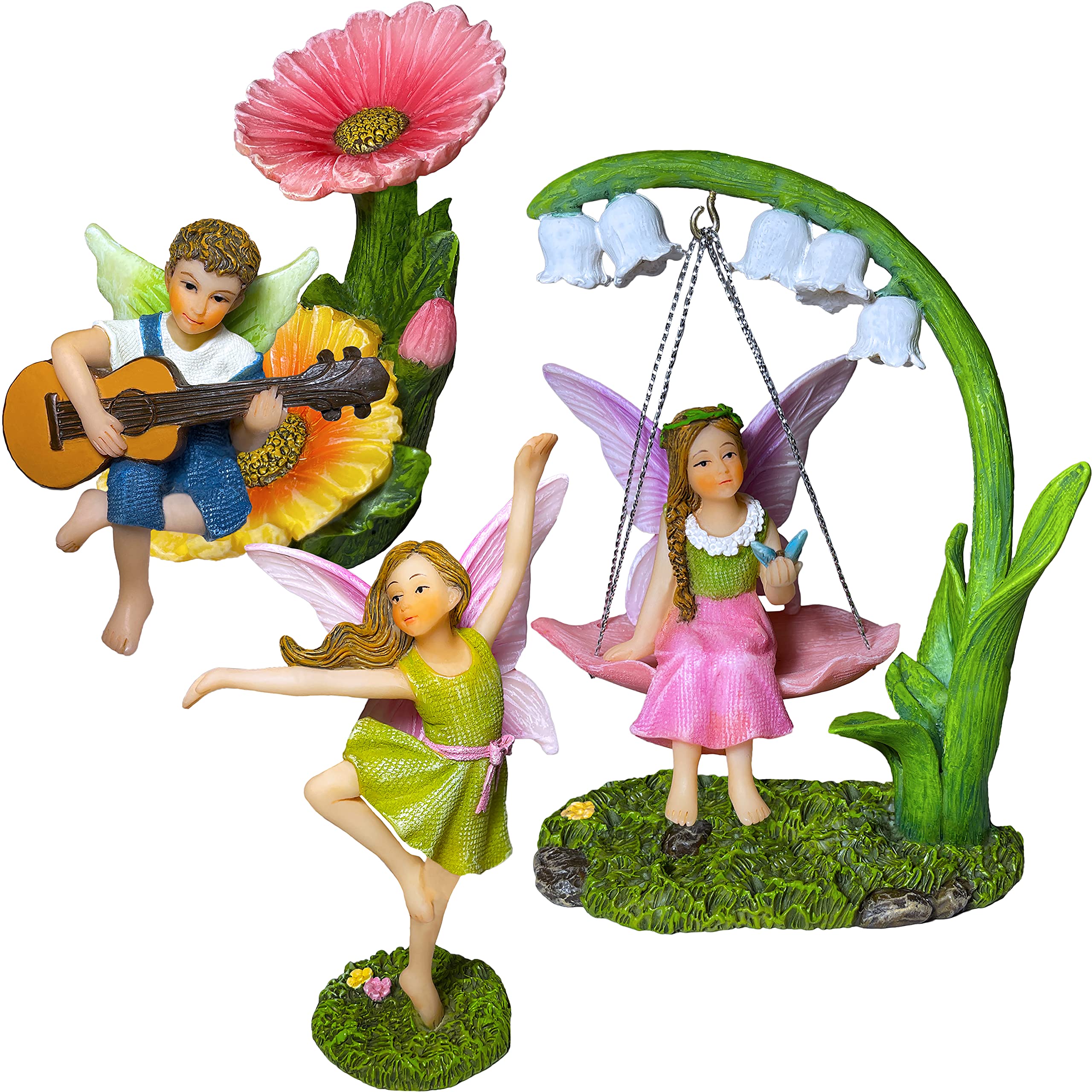 Mood Lab Fairy Garden dancing swing kit—whimsical 5-piece set for outdoor display.