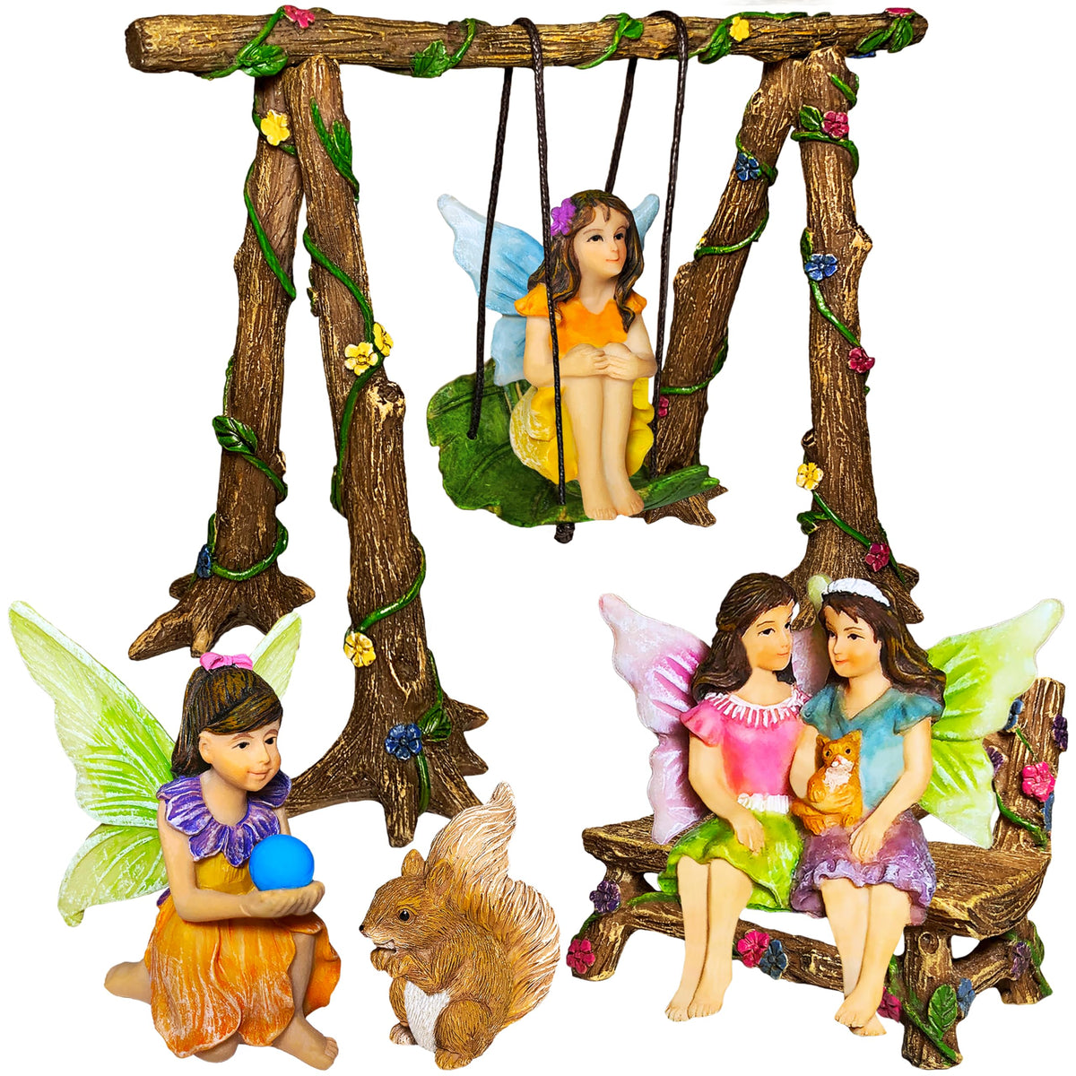 Mood Lab Fairy Garden swing set—six-piece outdoor decor for whimsical charm.