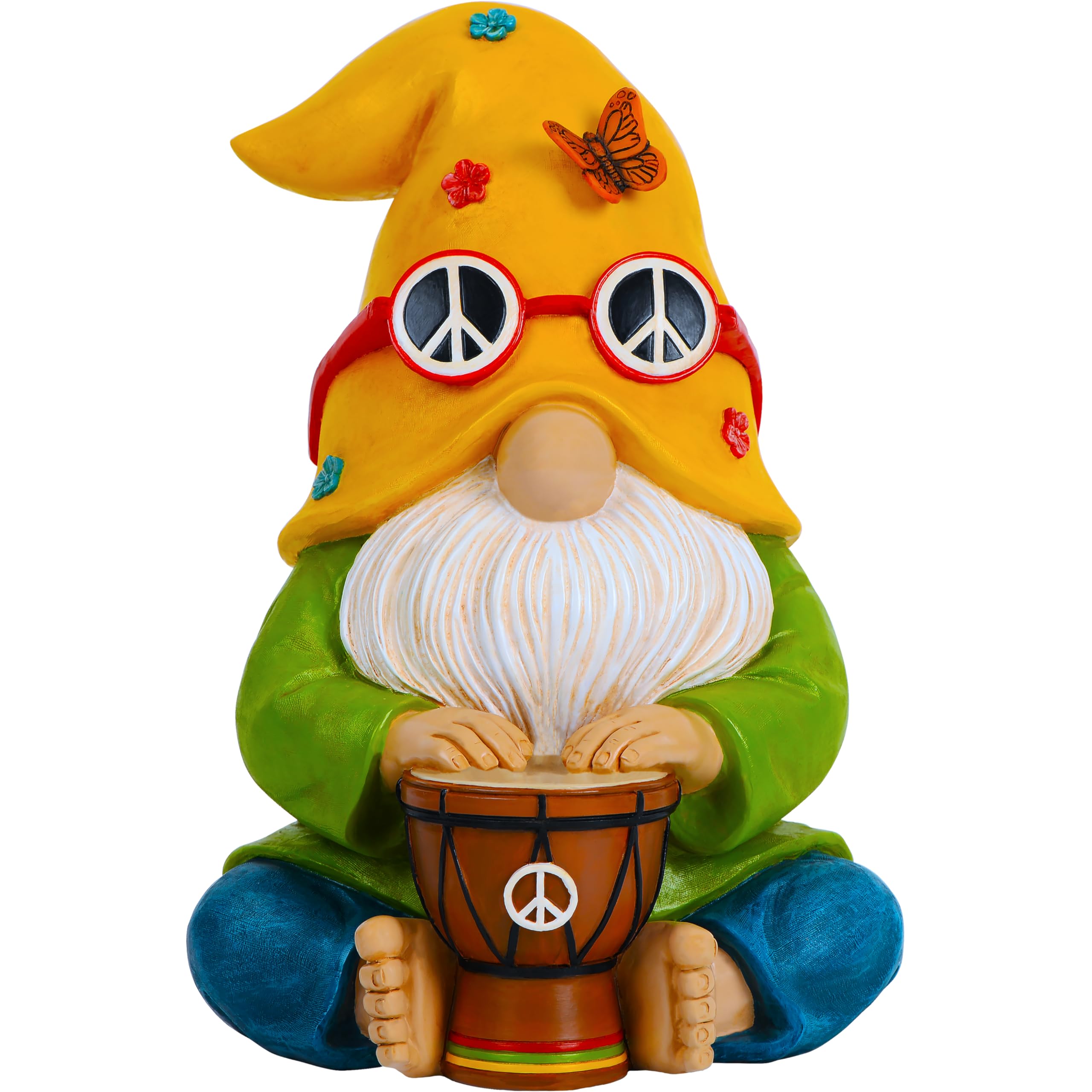 Mood Lab garden gnome hippie drummer 9.1in, bright outdoor decor for whimsy