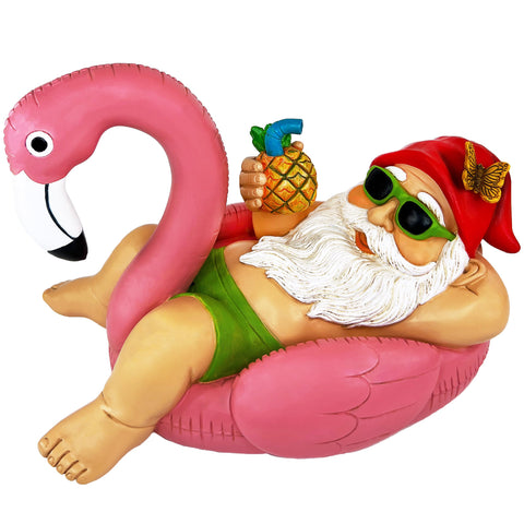 Mood Lab garden gnome on flamingo in sunny garden; outdoor charm increases curb appeal.