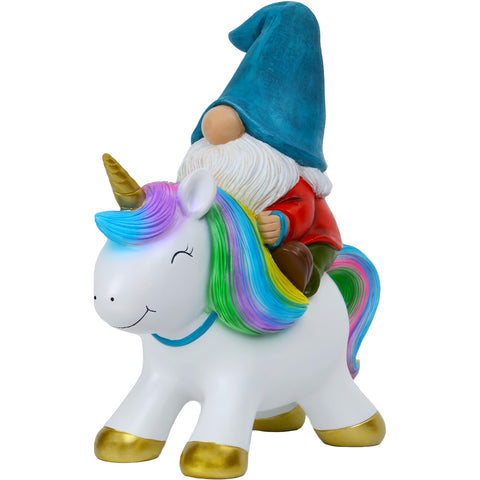 Mood Lab garden gnome statue on unicorn ride brightens outdoor spaces