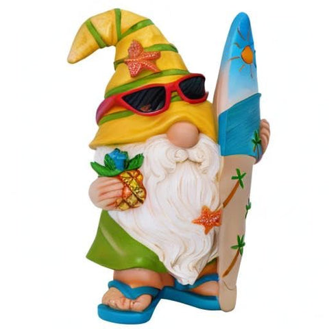 Mood Lab Surfer Gnome statue on patio creating a welcoming vibe