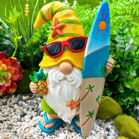 Mood Lab Surfer Gnome on lawn enhances curb appeal and smiles