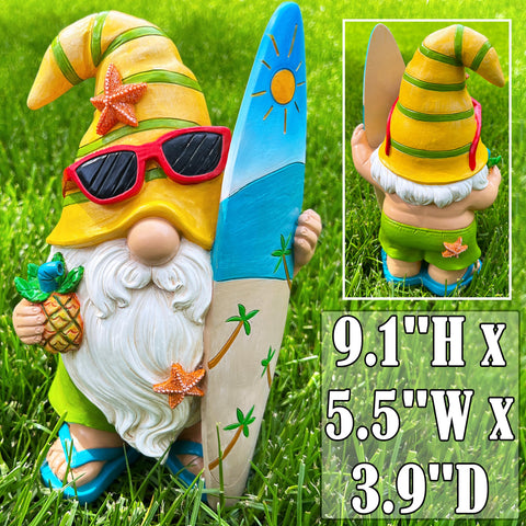 Mood Lab Garden Gnome Surfer figurine on patio with bright colors