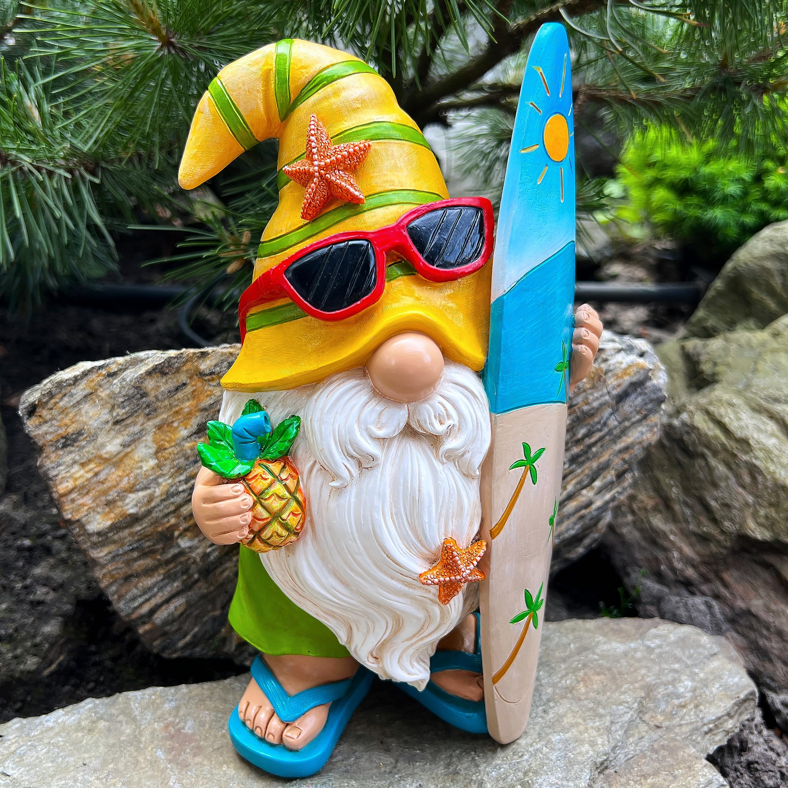 Mood Lab Surfer Gnome decor on shelf adds seaside flair