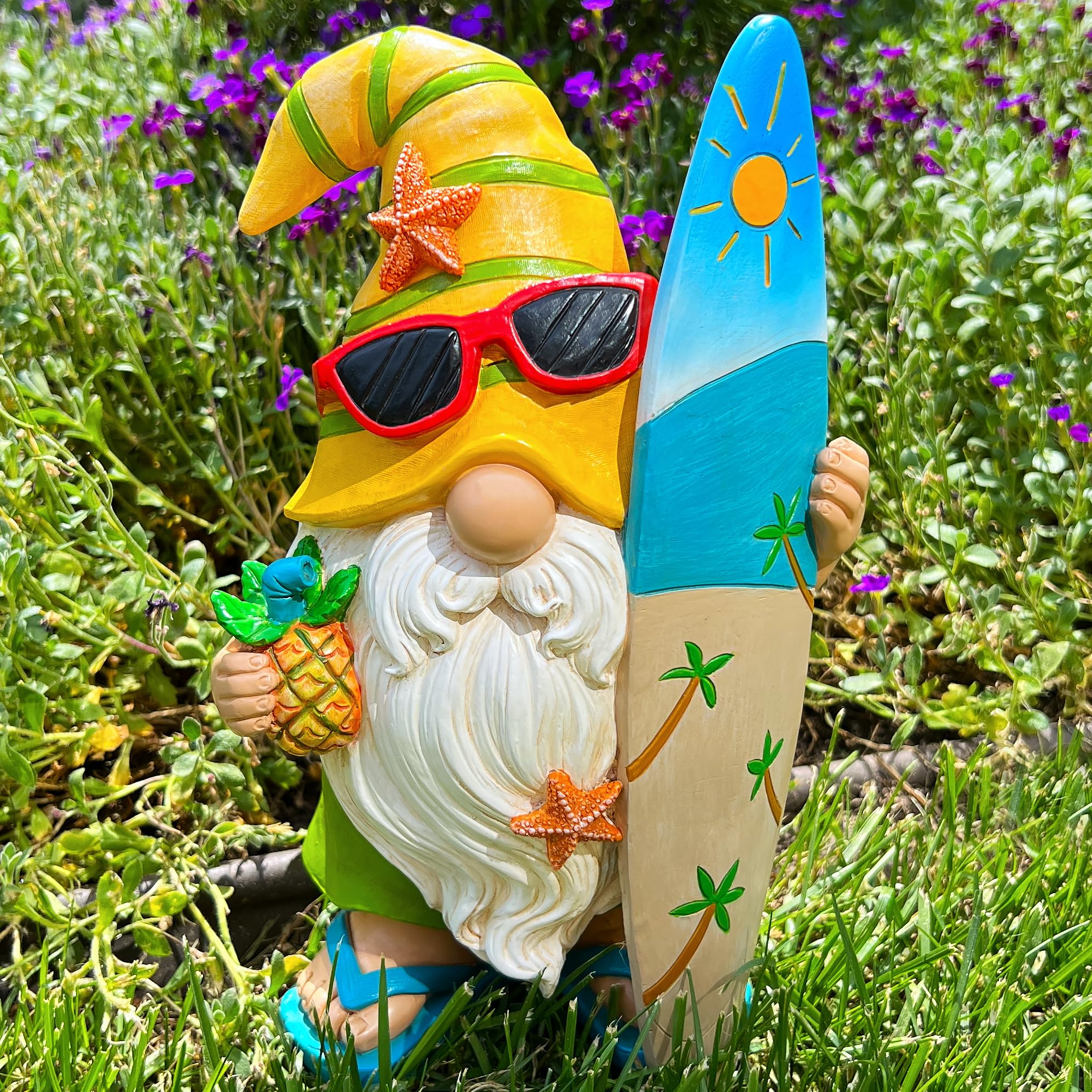 Mood Lab Surfer Gnome statue among flowers for cheerful scene