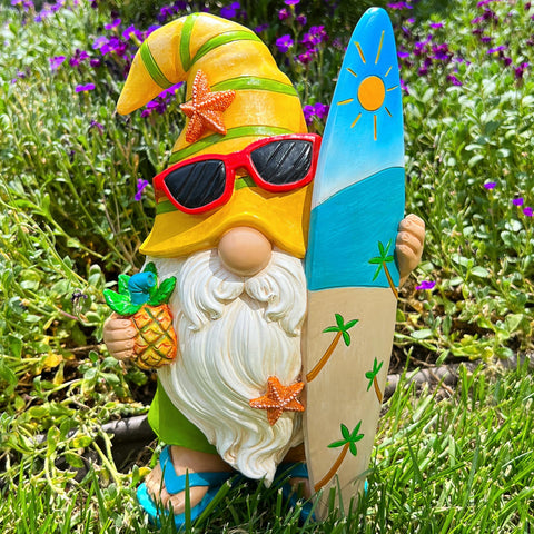 Mood Lab Surfer Gnome statue among flowers for cheerful scene