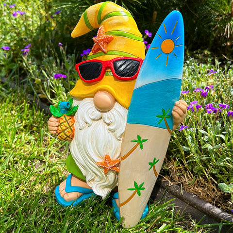 Mood Lab Surfer Gnome decor on entryway table for whimsy