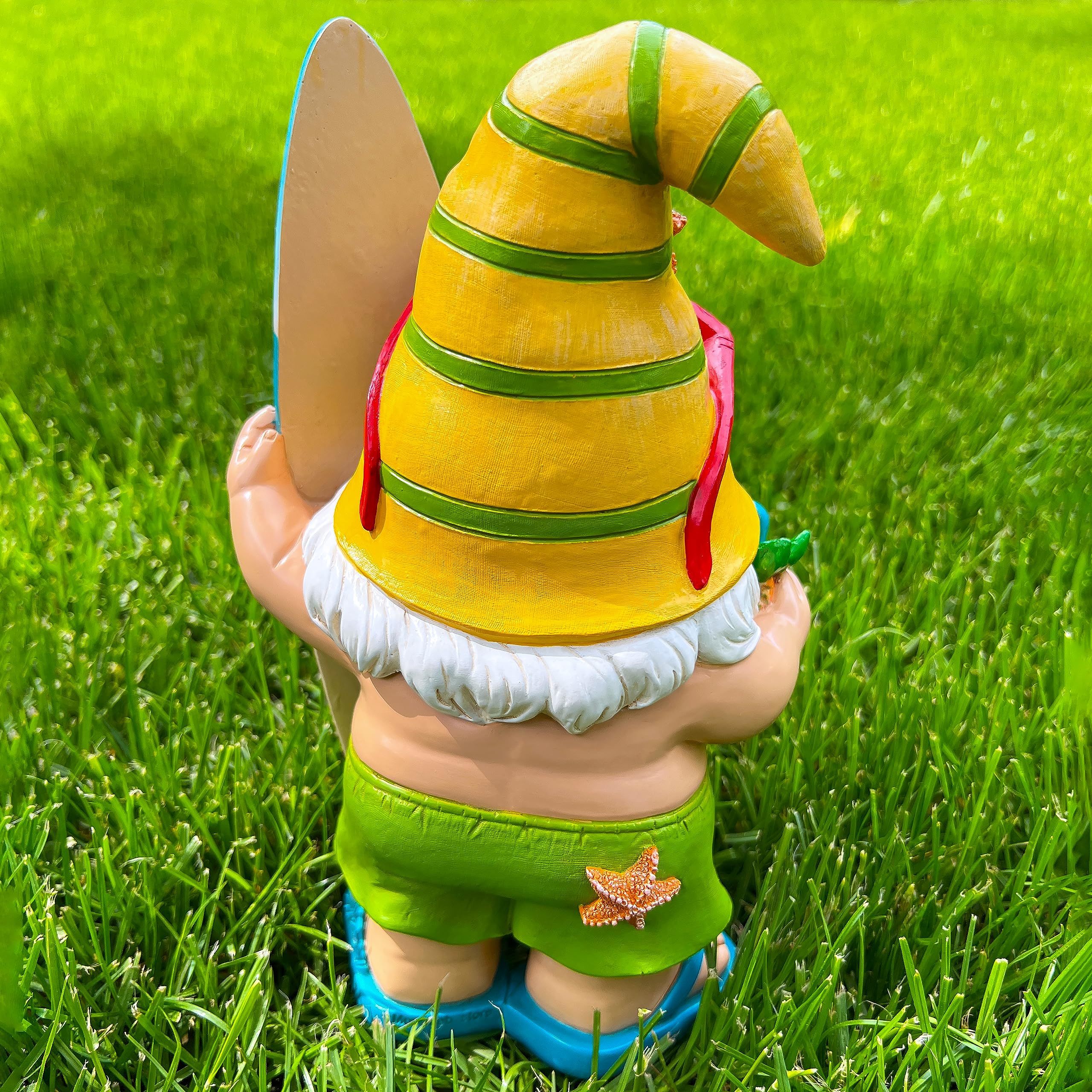 Mood Lab Garden Gnome Surfer figurine with sun-friendly finish