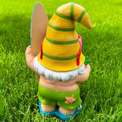 Mood Lab Garden Gnome Surfer figurine with sun-friendly finish