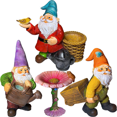 Mood Lab garden gnomes set of 4 figures for outdoor whimsy and lawn charm