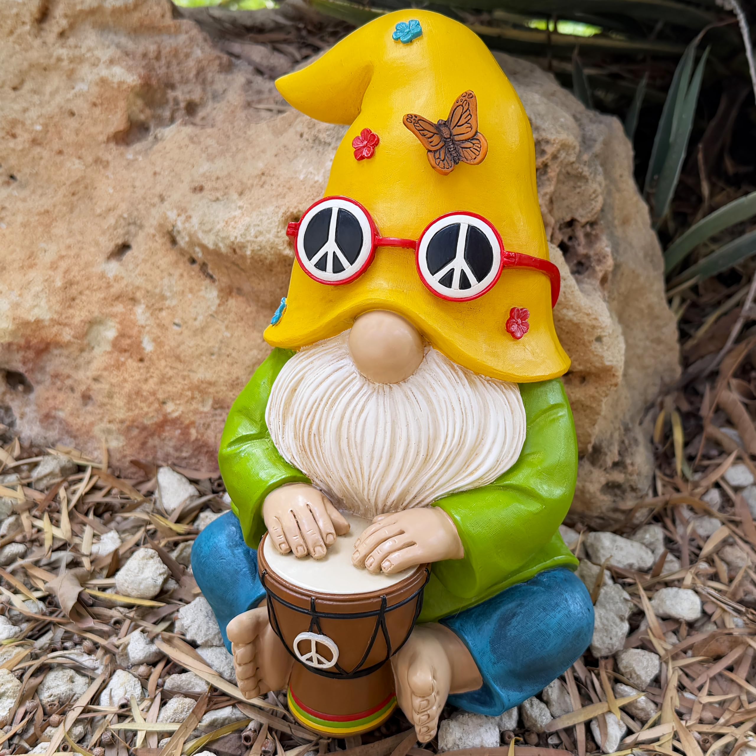 Mood Lab gnome hippie drummer closeup shows hand-painted details