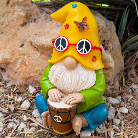 Mood Lab gnome hippie drummer closeup shows hand-painted details