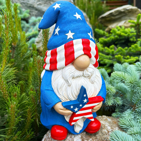Mood Lab hand-painted gnome with sun-protection coating for outdoor longevity