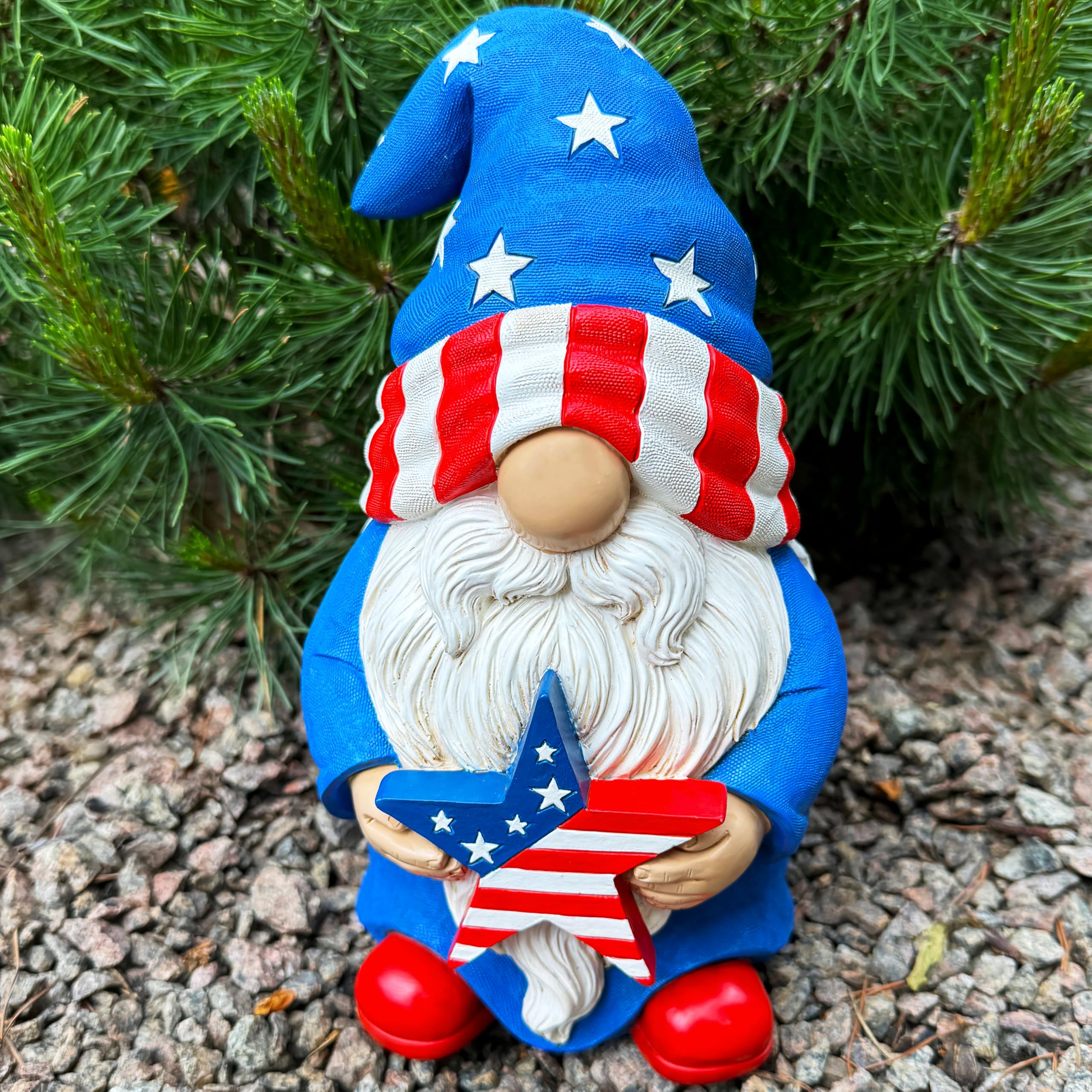 Mood Lab garden gnome on lawn, a charming patriotic accent