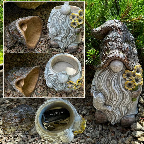 Mood Lab outdoor garden gnome decor placed among greenery.