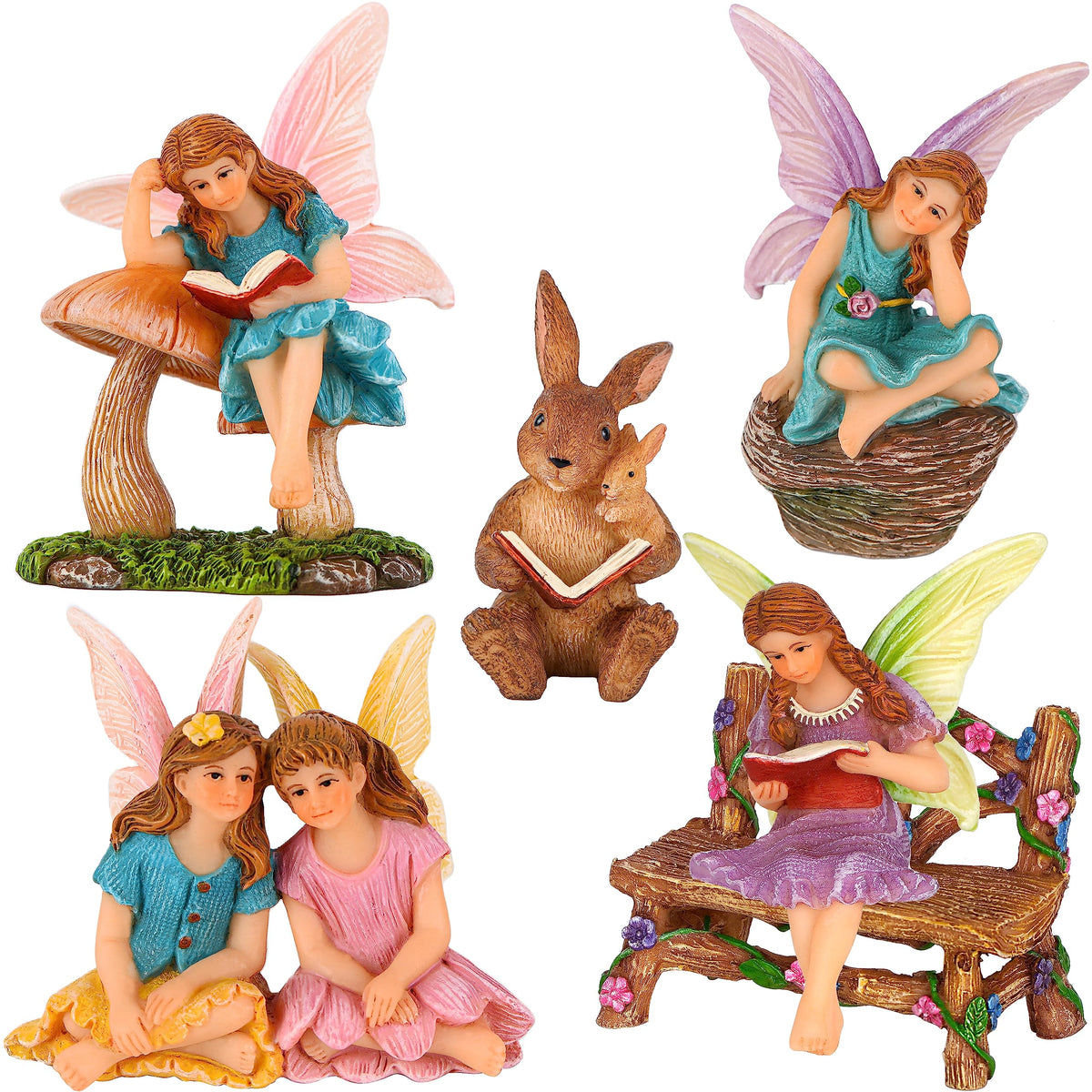 Mood Lab Reading Fairies Set with whimsical garden statues for cozy storytelling corners