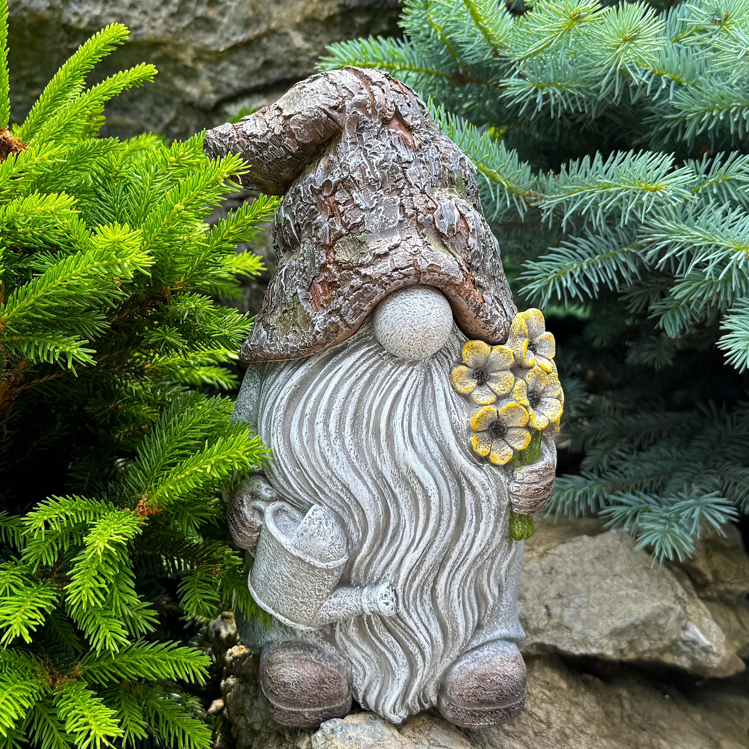 Mood Lab gnome features sun-protection coating for outdoor longevity.