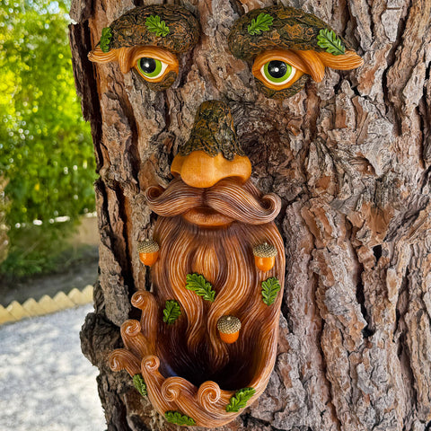 Mood Lab Tree Face Decor front view with acorns adds whimsical garden charm