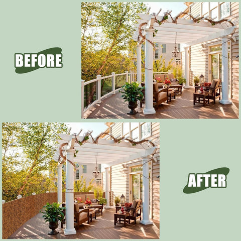 MOOKNAT reed bamboo screen fencing provides deck shading and a rustic aesthetic.