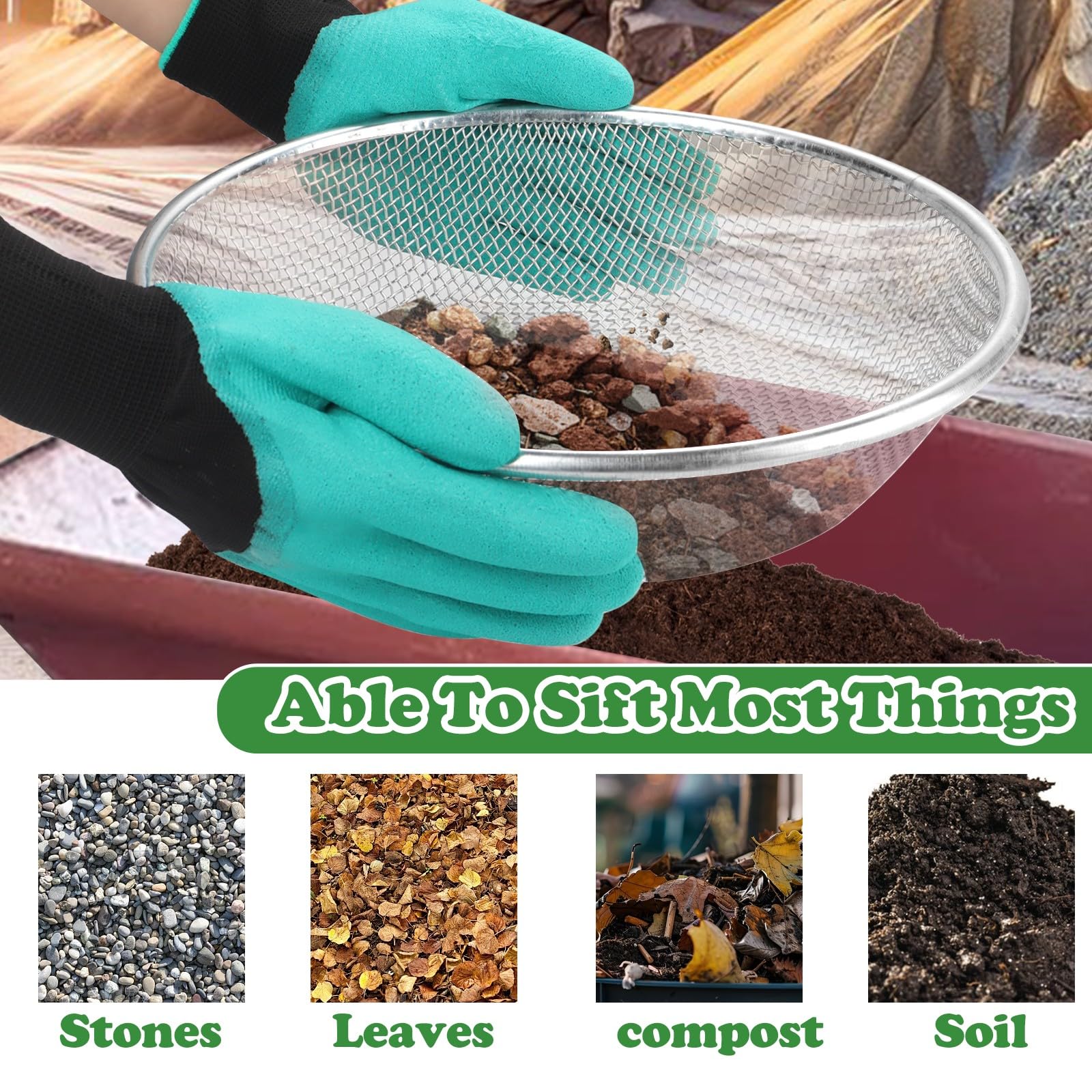 Moonateen 3Pcs soil sifter in use in a garden.