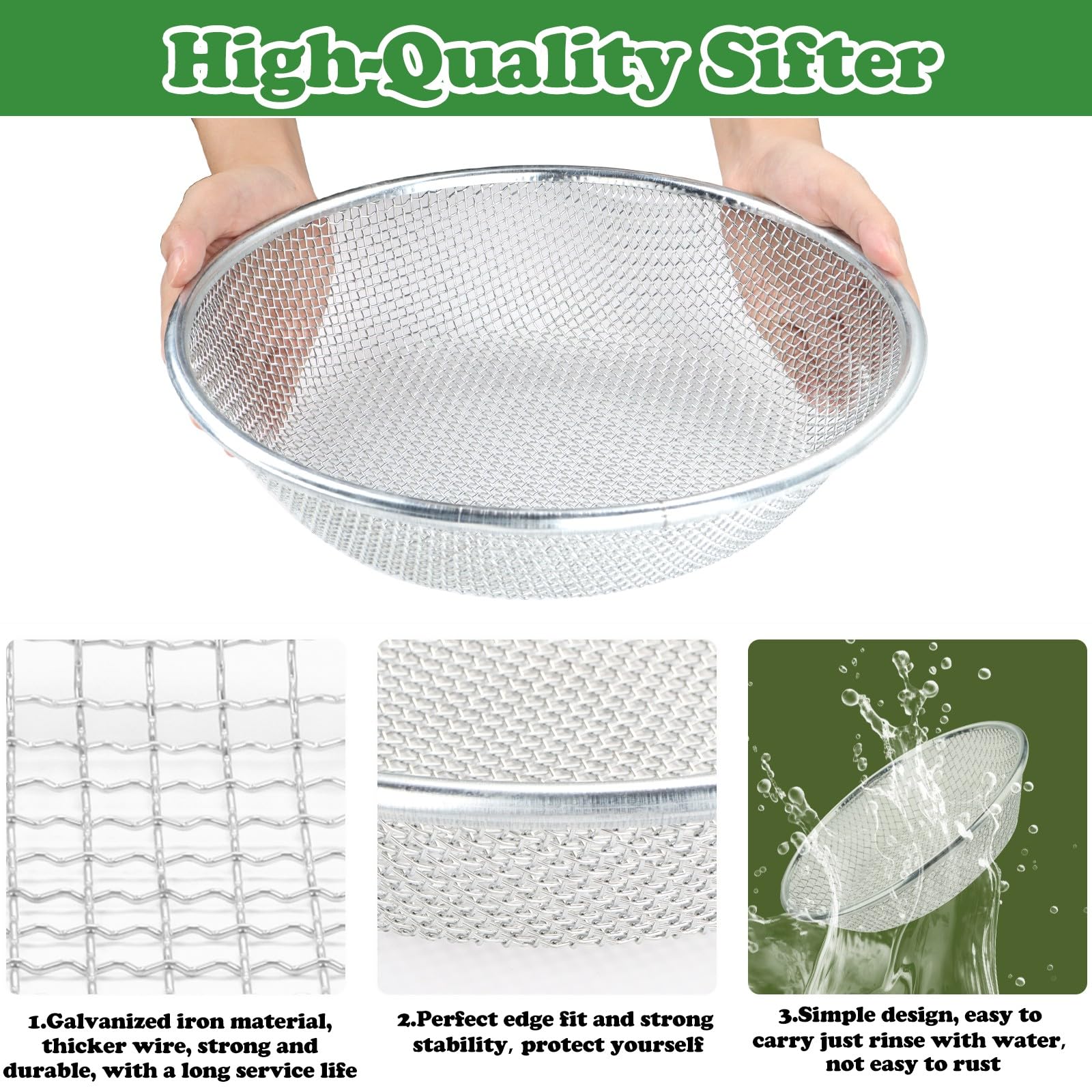 Moonateen 3Pcs soil sifter mesh screens with 10mm, 6mm, 3mm sizes.