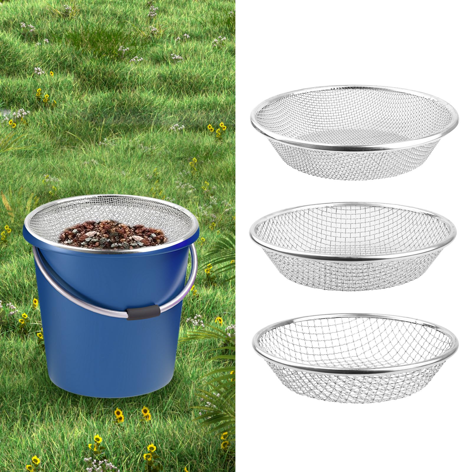 Moonateen 3Pcs soil sifter top view shows sturdy three-mesh system for quick sorting.