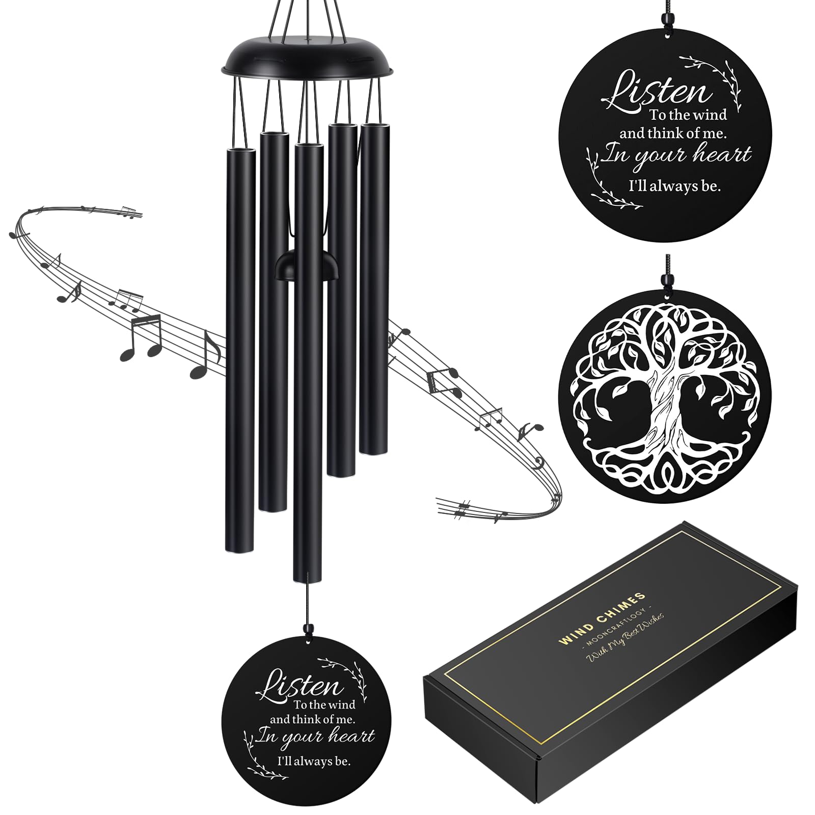 Mooncraftlogy sympathy wind chimes front view with engraved verse and Tree of Life motif