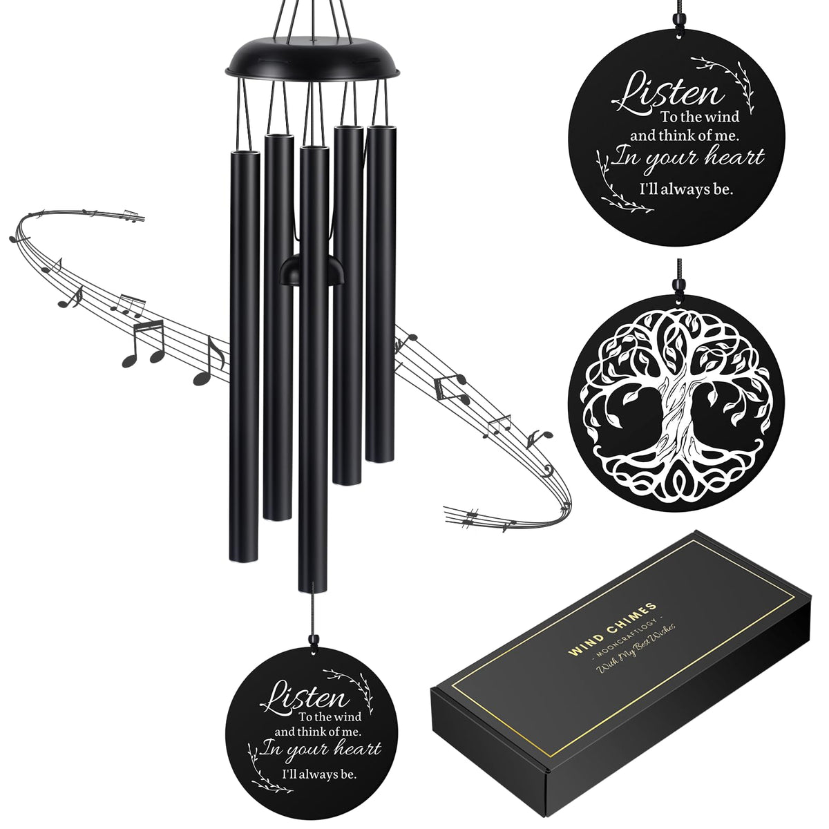 Mooncraftlogy sympathy wind chimes front view with engraved verse and Tree of Life motif