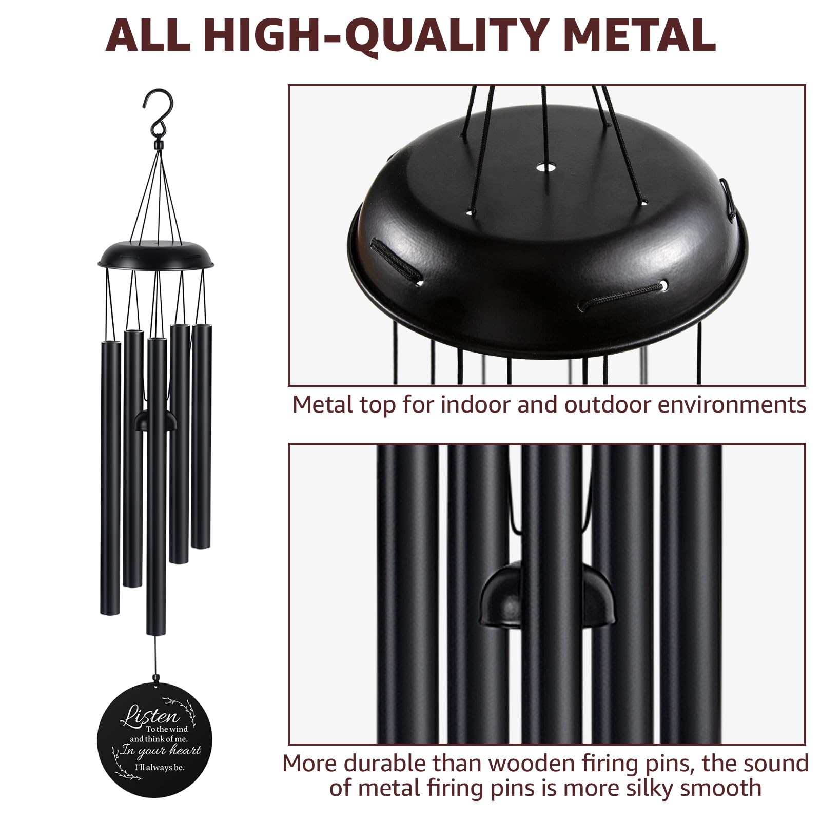 Garden display of 39-inch black memorial chimes in sunlight