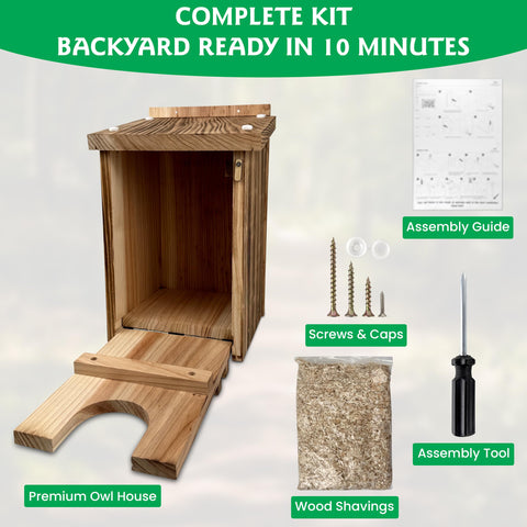 Moonity Fire-Treated Cedar Owl House in backyard invites natural owl visits.