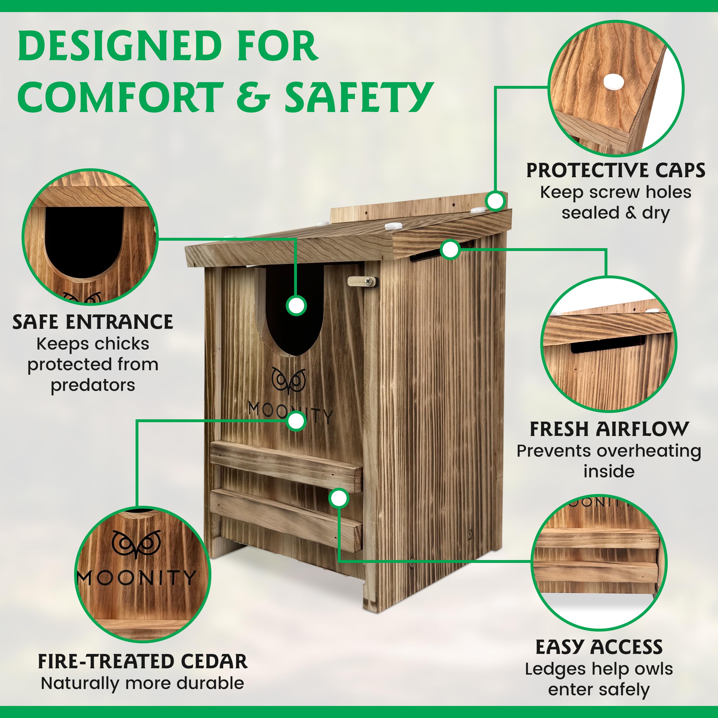 Moonity Fire-Treated Cedar Owl House entrance hole shows safe access for small species.