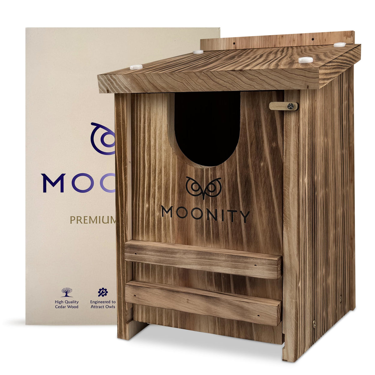 Moonity Fire-Treated Cedar Owl House front view shows durable weatherproof construction.