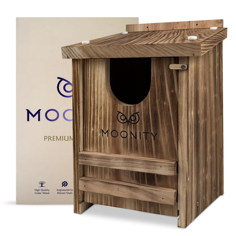 Moonity Fire-Treated Cedar Owl House front view shows durable weatherproof construction.